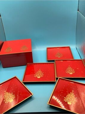 Otagiri Red and Gold Holiday Tree Coasters with Matching Box